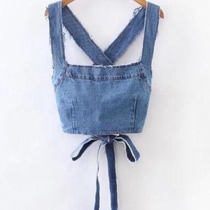Frayed Detailed Criss Cross Back Denim Top